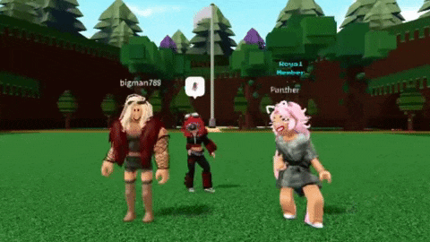a group of people are standing in a grassy field in a video game called roblox .