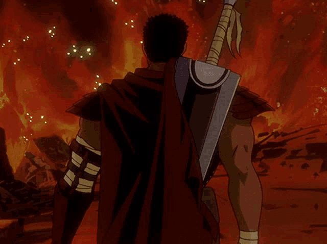 a man holding a sword in front of a fire