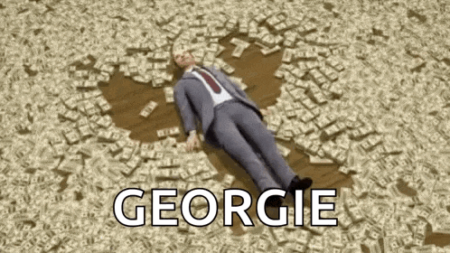 a man in a suit and tie is laying in a pile of money with the word georgie written on the bottom