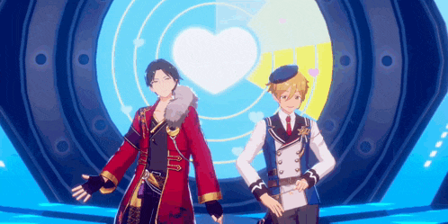 two anime characters are standing next to each other in front of a heart shaped target .