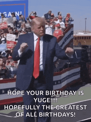 a man in a suit and tie is dancing in front of a crowd and says " hope your birthday is yuge !!! "
