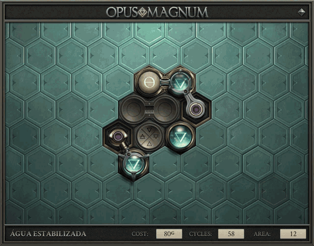a screenshot of opus magnum shows a grid of hexagonal shapes