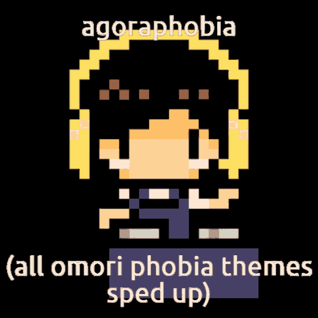 a pixel art of a person wearing headphones with the words " agoraphobia " above them
