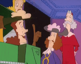 a group of cartoon characters are standing next to each other in a room in a cartoon .