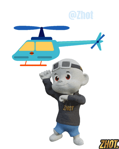 a cartoon character wearing a zhot shirt stands next to a blue helicopter