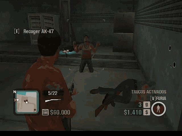 a man is holding a gun in a video game with a man laying on the floor