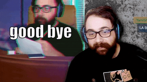 a man wearing headphones says good bye in front of another man