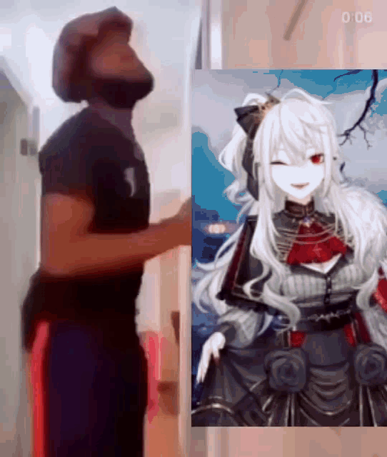 a man with a beard is standing next to a picture of a girl with white hair .