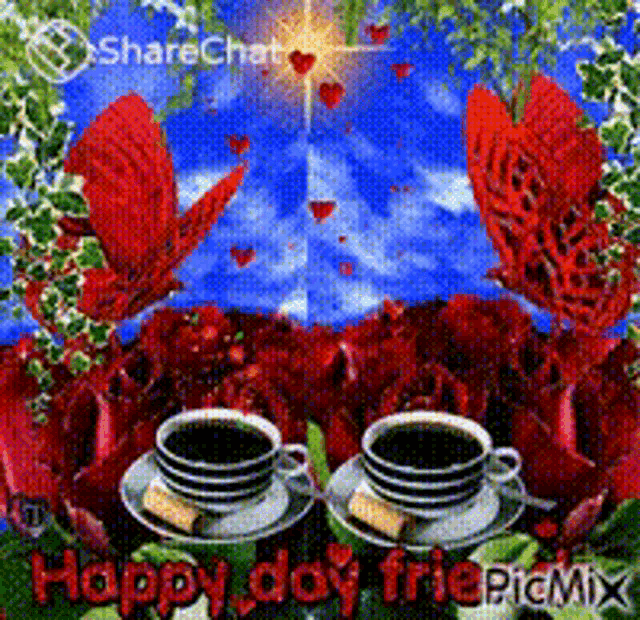 a picture of two cups of coffee surrounded by red roses and hearts says happy day friepicmix