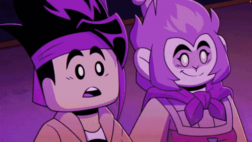a boy and a girl are standing next to each other and looking at each other in a cartoon .