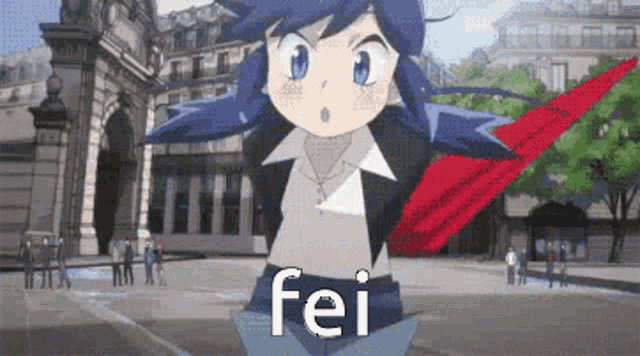 a girl with blue hair is standing in front of a building and the word fei is on the bottom of the picture .