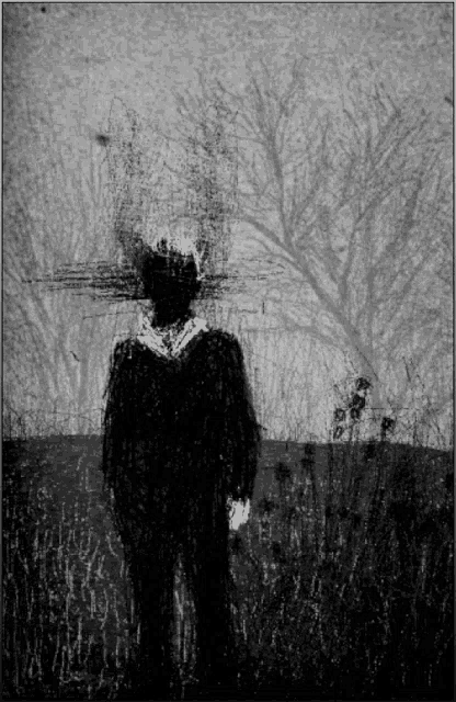 a black and white painting of a man in a field