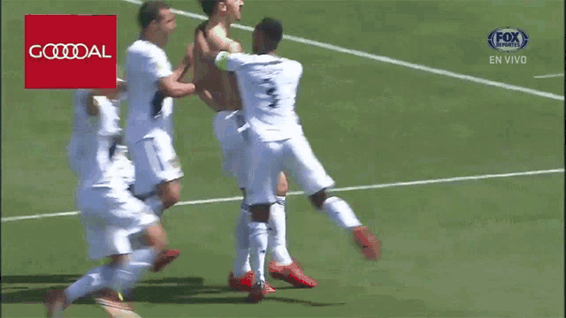 a group of soccer players are celebrating a goal on a field with an audi sign in the background
