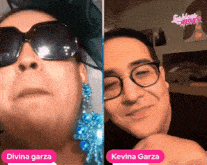 a woman wearing sunglasses and earrings next to a man wearing glasses and the name kevina garza