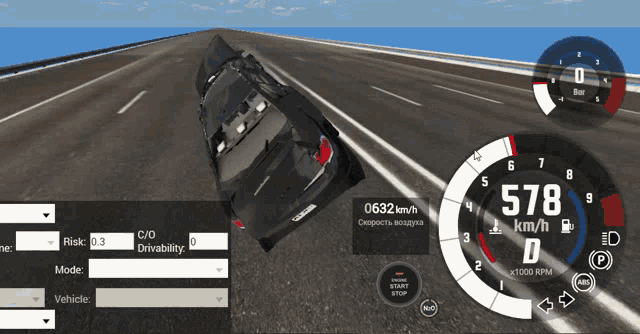 a car is driving down a road with a speedometer that says 578 km / h