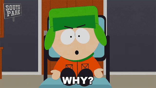 a cartoon character from south park is sitting in a hospital bed asking why