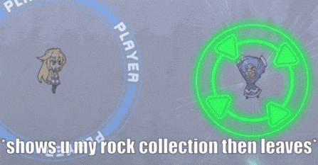 a screenshot of a video game with the words " shows u my rock collection then leaves " at the bottom