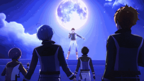 a group of people standing in front of a full moon