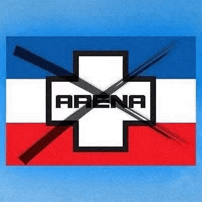 a red , white and blue flag with a cross in the middle and the word arena .