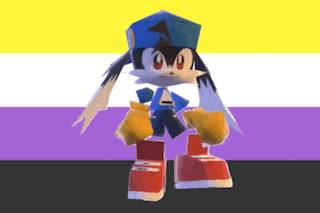 a cartoon character is standing in front of a yellow and purple flag .