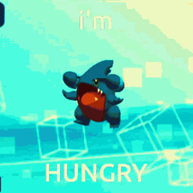 a cartoon shark is flying through the air with the words i 'm hungry below it