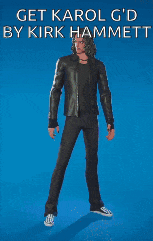 a man in a leather jacket is dancing with the words get karol g 'd by kirk hammett