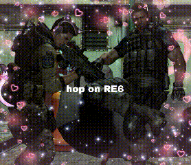 a couple of soldiers standing next to each other with the words hop on re8 on the bottom