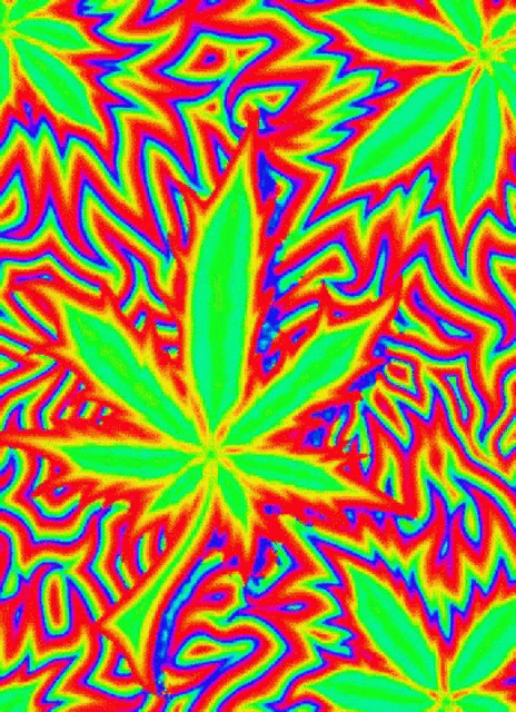 a colorful psychedelic background with a marijuana leaf in the middle