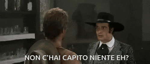 a man in a cowboy hat is talking to another man with the words non c'hai capito niente eh written below him