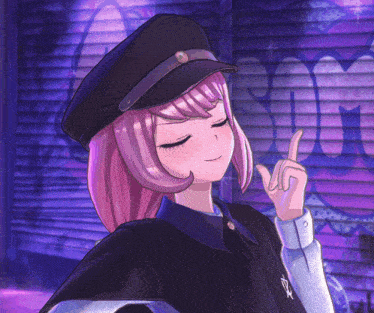 a girl with pink hair is wearing a black hat and giving the middle finger