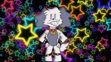 a cartoon dog is standing in front of a colorful starry background .