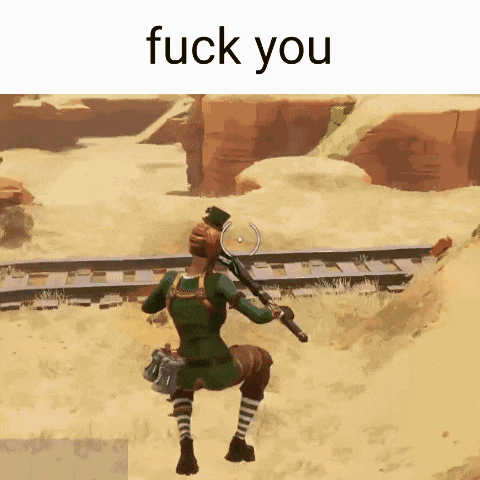 a video game character is kneeling down and holding a gun with the words " fuck you " on the bottom