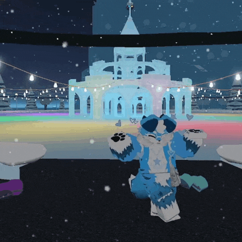 a cartoon character in a blue furry outfit stands in front of an ice castle