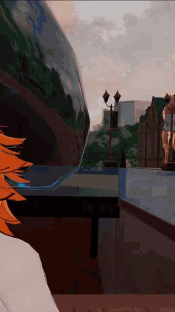 a man with orange hair is standing in front of a globe