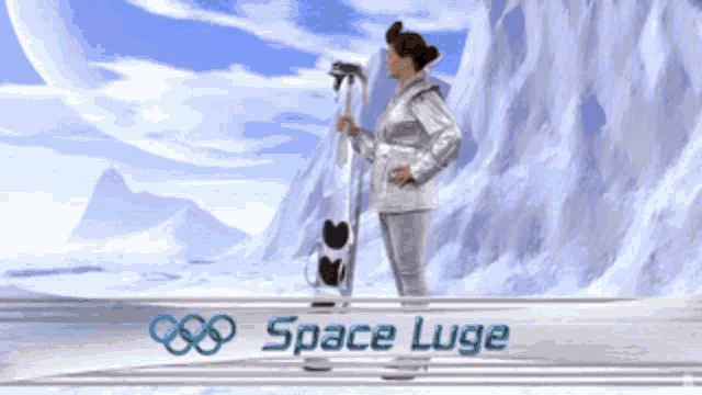 an advertisement for space luge shows a woman holding skis in front of a snowy mountain