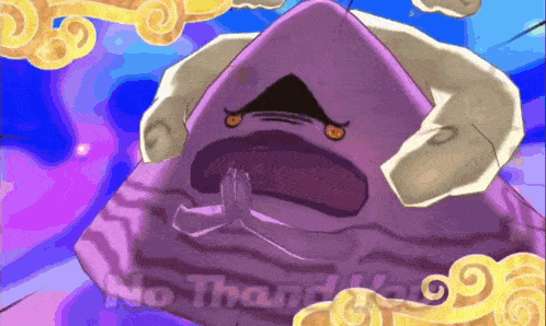 a purple cartoon character says no thanks