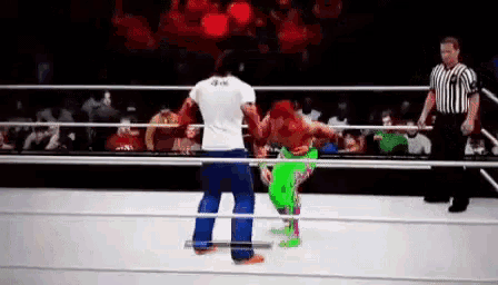 a man in a white shirt is standing in a wrestling ring with a referee .