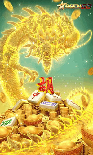 a golden dragon is surrounded by a pile of gold coins and mahjong pieces