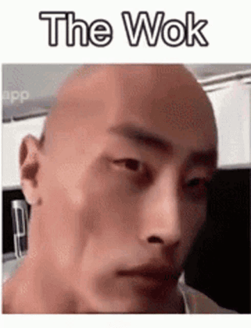 a close up of a bald man 's face with the words `` the wok '' above it .
