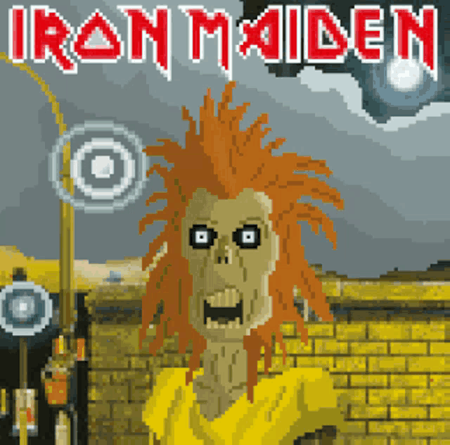 a pixel art poster for iron maiden with a skeleton in a yellow shirt