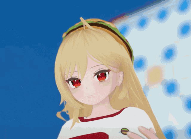 a girl with long blonde hair and red eyes is wearing a headband with a hamburger on it