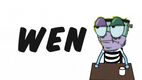 a cartoon character sits at a table with the word wen on the bottom