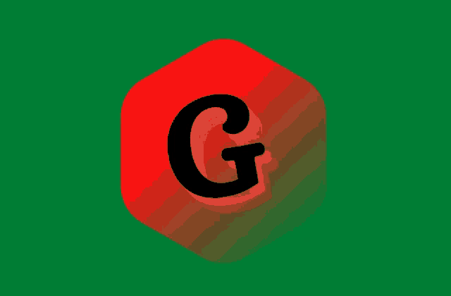 a red cube with a black letter g on a green background