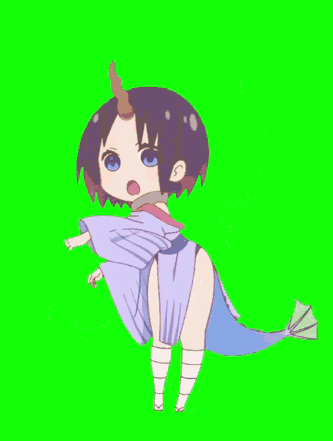 a cartoon girl with a horn is standing on a green background .