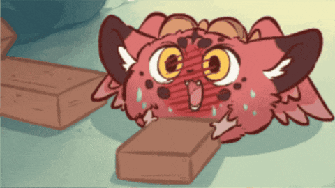 a cartoon drawing of a red creature with yellow eyes laying on a brick