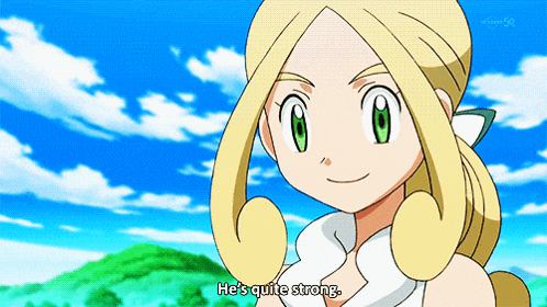 a cartoon girl says he 's quite strong in front of a blue sky