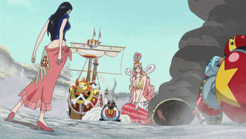 a woman in a pink skirt stands in front of a group of anime characters