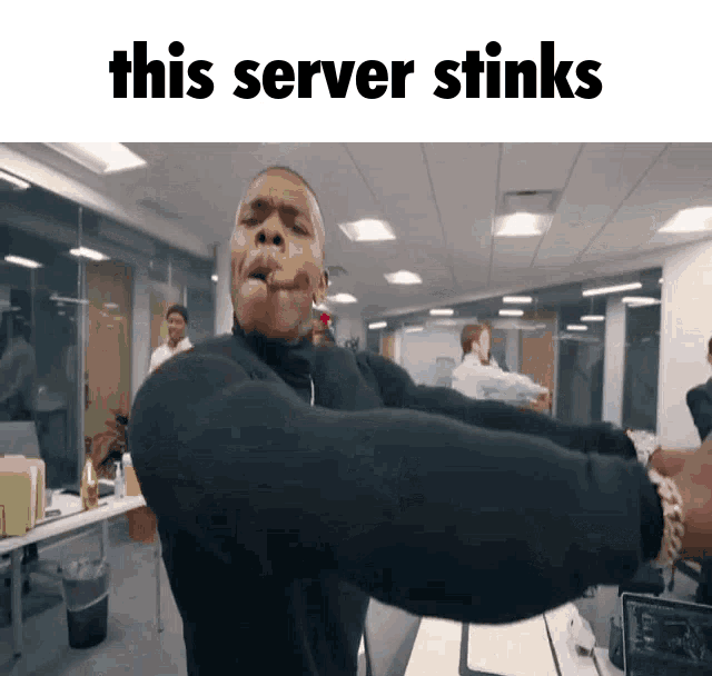a man with his arms outstretched and the words this server stinks on the bottom