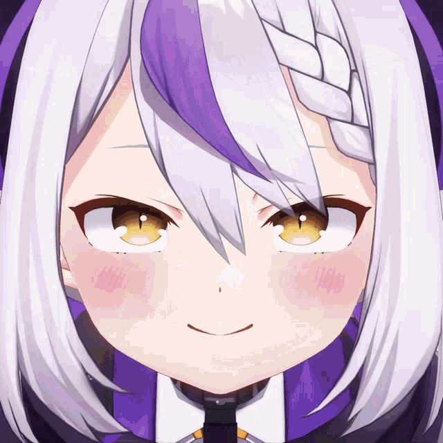 a close up of a cartoon character 's face with purple hair