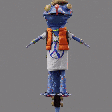 a blue lizard with a long tongue is wearing roller skates